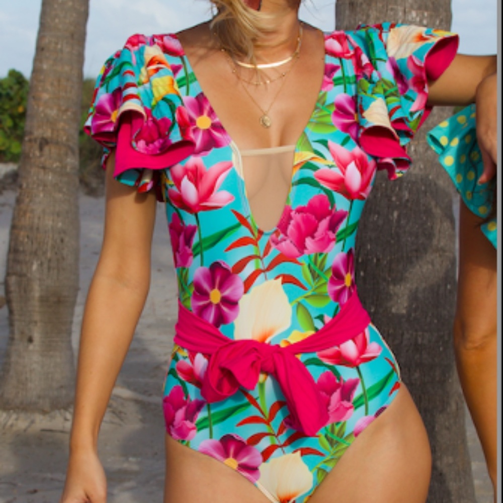 ruffle one piece pink bikini print, size S